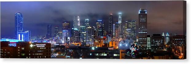 Los Angeles Skyline Canvas Print featuring the photograph Gotham City - Los Angeles Skyline Downtown at Night by Jon Holiday