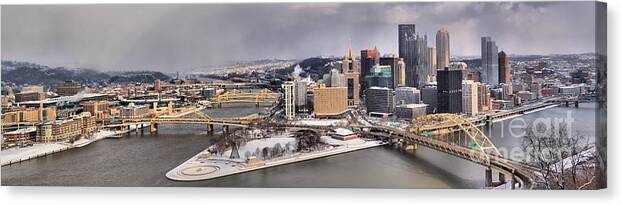 Pittsburgh Skyline Canvas Print featuring the photograph PIttsburgh's First Snow Of 2015 by Adam Jewell