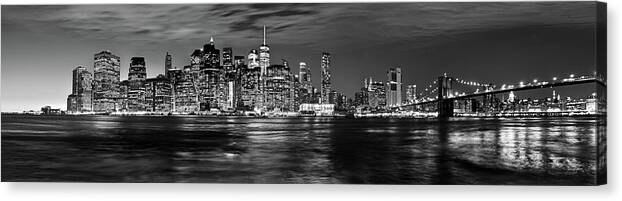 America Canvas Print featuring the photograph Manhattan Skyline at Dusk from Broklyn Bridge Park in black and by Carlos Alkmin