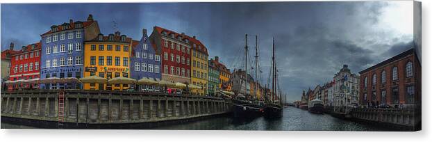 Nyhavn Canvas Print featuring the mixed media Nyhavn Panoramic by Linda Woods
