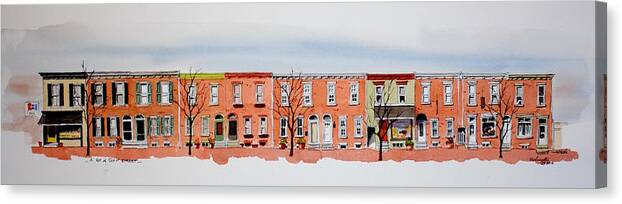 Watercolor Canvas Print featuring the painting A bit of Scott Street 7x30 by William Renzulli