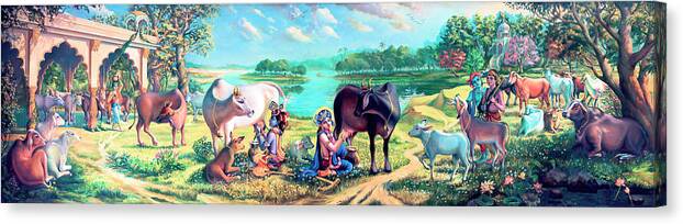 Krishna Canvas Print featuring the painting Krishna Balaram milking cows by Vrindavan Das