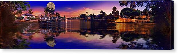 Moon Canvas Print featuring the photograph 4X1 Holmes Beach Canal Moon Night by Rolf Bertram