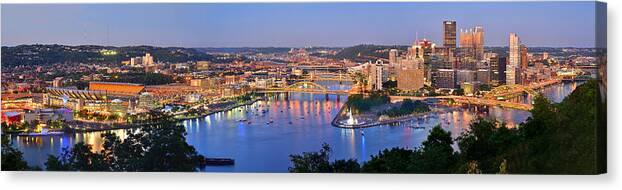 Pittsburgh Skyline Canvas Print featuring the photograph Pittsburgh Pennsylvania Skyline at Dusk Sunset Extra Wide Panorama by Jon Holiday
