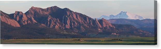 Flatirons Canvas Print featuring the photograph Flatirons and Longs Peak Panorama by Aaron Spong