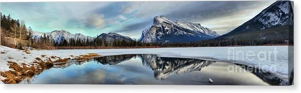 Mt Rundle Canvas Print featuring the photograph Mt Rundle Reflection Panorama by Adam Jewell