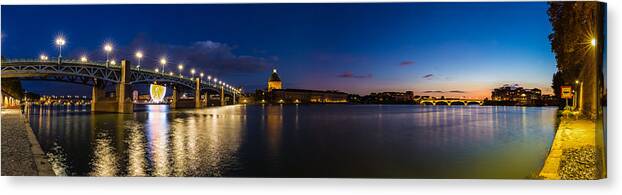 Bridge Canvas Print featuring the photograph Nightly panorama of the Pont Saint-Pierre by Semmick Photo