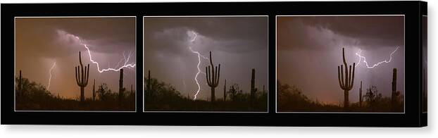 Lightning Canvas Print featuring the photograph Southwest Saguaro Cactus Desert Storm Panorama by James BO Insogna