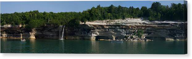 Pictured Rocks Canvas Print featuring the photograph Water Falls Pictured Rocks National Lakeshore UP Michigan Panorama 03 by Thomas Woolworth