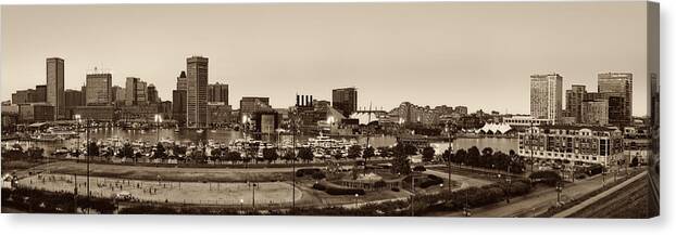 Baltimore Skyline Canvas Print featuring the photograph Baltimore Skyline Panorama In Sepia by Susan Candelario