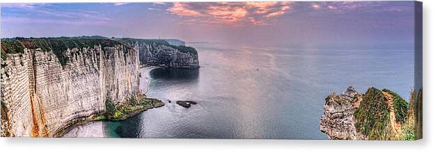 Cliff Canvas Print featuring the photograph Etretat Cliffs sunset panorama by Weston Westmoreland