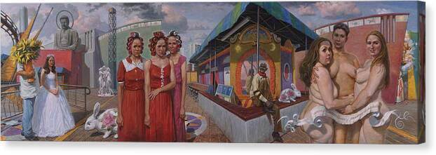 Amusement Park Canvas Print featuring the painting Sudenly it was all Reveled to the Abreu Sisters by Alfredo Arcia