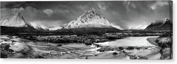 Buachaille Etive More Canvas Print featuring the photograph Buachaille Winter Panorama Mono by Grant Glendinning