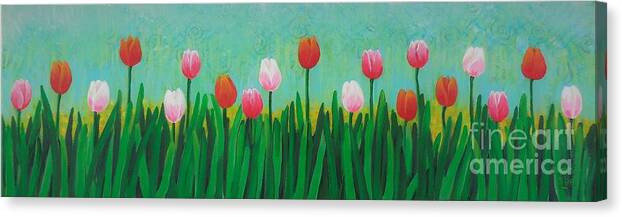 Tulips Canvas Print featuring the painting Row of tulips by Cami Lee