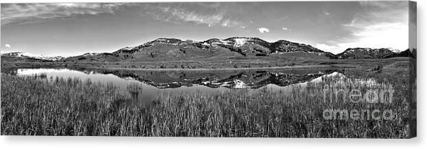 Slough Creek Canvas Print featuring the photograph Slough Creek Reflection Panorama Black And White by Adam Jewell