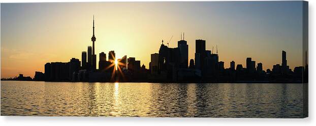 Toronto Canvas Print featuring the photograph Toronto Skyline at Dusk Panorama by HawkEye Media