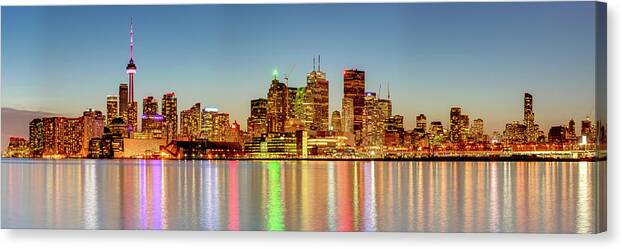 Toronto Canvas Print featuring the photograph Toronto Skyline at Twilight Panorama by HawkEye Media