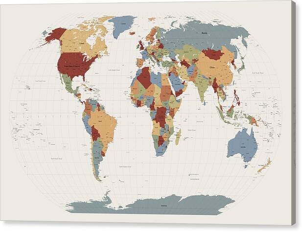 Map Of The World Canvas Print featuring the digital art World Map Muted Colors by Michael Tompsett