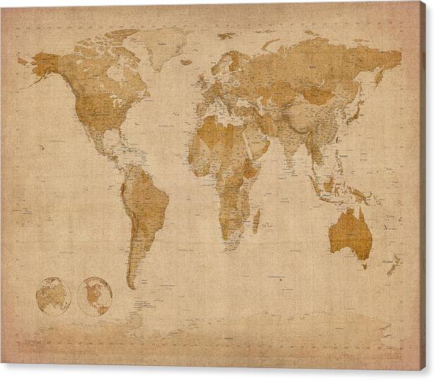 Map Canvas Print featuring the digital art World Map Antique Style #1 by Michael Tompsett
