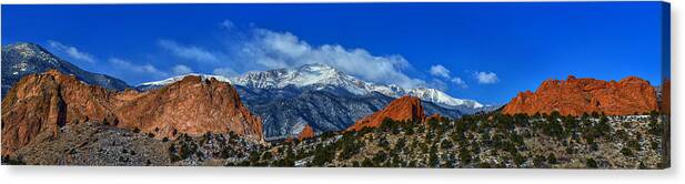 Panorama Pikes Peak Colorado Springs Garden Of The Gods Gateway Mountain Snow Cap Clouds Sky Blue Red Brush Bushes Beautiful Canvas Print featuring the photograph Pike Peak through the Garden of the Gods Gateway by David Soldano