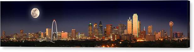 Dallas Skyline Night Canvas Print featuring the photograph Dallas Skyline at Dusk Big Moon Night by Jon Holiday