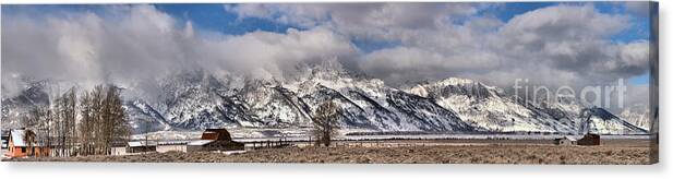 Mormon Row Canvas Print featuring the photograph Mormon Row Snowy Extended Panorama by Adam Jewell