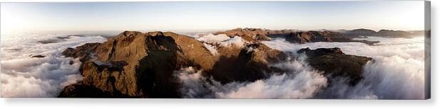 Panorama Canvas Print featuring the photograph Langdale and Old man of Coniston Aerial Cloud Inversion Lake District by Sonny Ryse