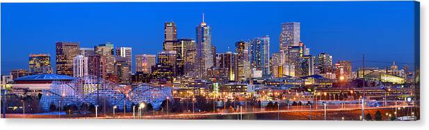 Denver Skyline Canvas Print featuring the photograph Denver Skyline at Dusk Evening Color Evening Extra Wide Panorama Broncos by Jon Holiday