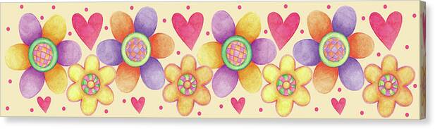 Multi Colored Flower And Heart Pattern Canvas Print featuring the painting Border Happy Day by Maria Trad
