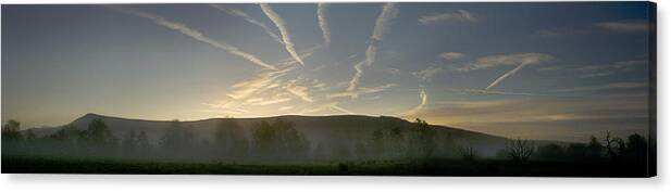 Digital Print Canvas Print featuring the photograph Llangors panorama Wales Mists and vapour trails at dawn by Tony Mills