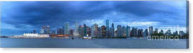 Boat Canvas Print featuring the photograph Vancouver skyline panoramic at night by Laurent Lucuix