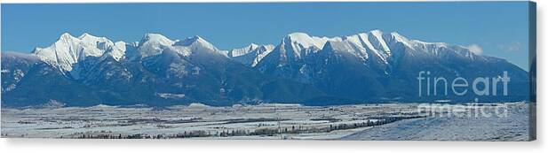 mission Mountains Panoramic indian Springs national Bison Range Winter Mountains Peaks Snow-capped Snowcapped Canvas Print featuring the photograph Indian Springs Panoramic - Mission Mountains by Katie LaSalle-Lowery