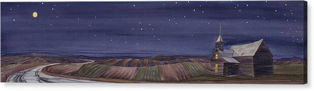 One-room Schoolhouse Canvas Print featuring the painting Moonlight and School by Scott Kirby