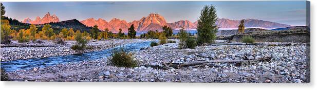 Spread Creek Canvas Print featuring the photograph Giant Grand Teton Spread Creek Sunrise Panorama by Adam Jewell
