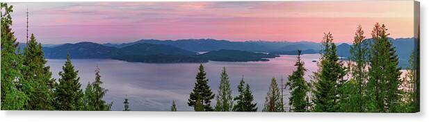 Nature Canvas Print featuring the photograph Lake Pend Oreille Panoramic Sunrise. by Leland D Howard
