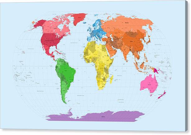 World Map Stretched Canvas Print World Map Continents Canvas Print / Canvas Art by Michael Tompsett