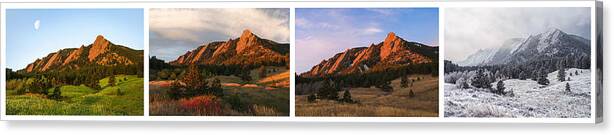 Four Canvas Print featuring the photograph The Flatirons - Four Seasons Panorama by Aaron Spong
