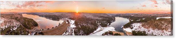 Connecticut Canvas Print featuring the photograph Barkhamsted reservoir and Saville Dam in Connecticut, Sunrise Panorama #1 by Mike Gearin