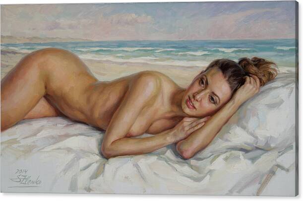 Nude Canvas Print featuring the painting On the beach by Serguei Zlenko