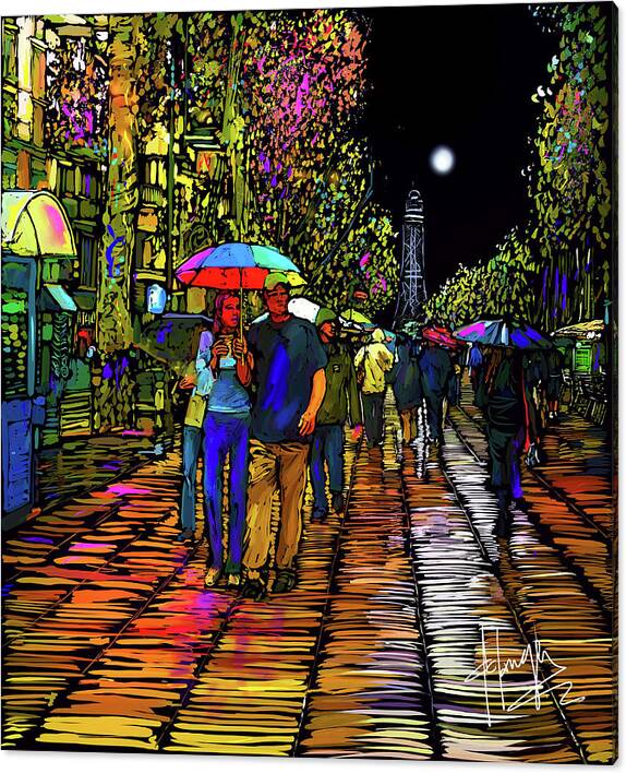 Barcelona Canvas Print featuring the painting Barcelona Rain in Spain by DC Langer