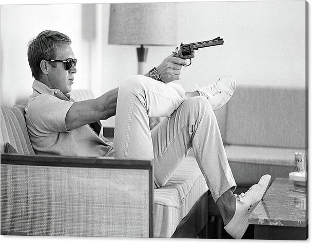 Steve McQueen sitting on Sofa with a Gun, Home Decor, wall print, gift for him, by Steve McQueen