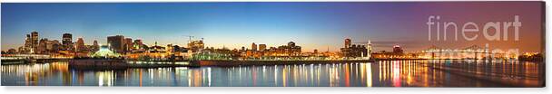 Blue Canvas Print featuring the photograph Old Montreal by Night Panorama by Laurent Lucuix