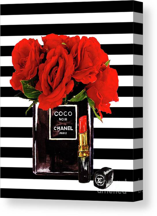 Chanel Perfume With Red Roses Canvas Print / Canvas Art by Del Art