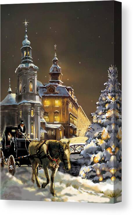  Canvas Print featuring the painting Buggy and horse at Christmasn the Ukraine by Regina Femrite
