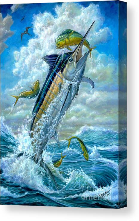 Blue Marlin Canvas Print featuring the painting Big Jump Blue Marlin With Mahi Mahi by Terry Fox