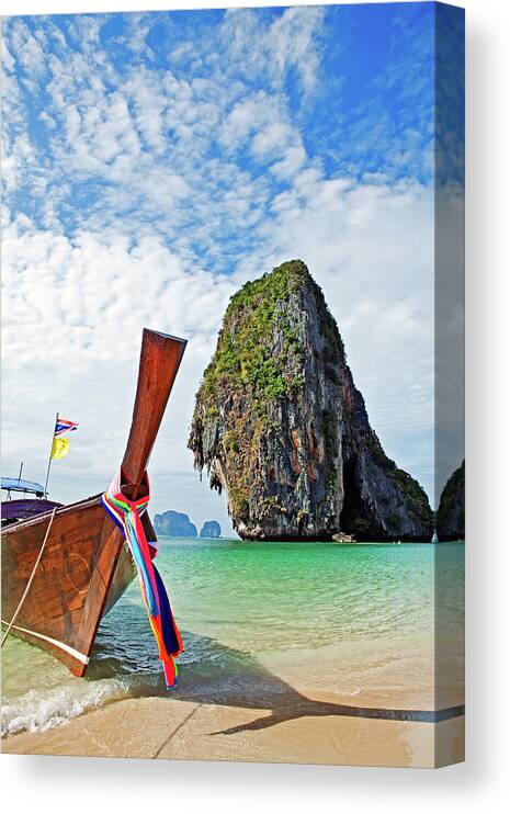 Scenics Canvas Print featuring the photograph Boat And Karst Phranang, Krabi, Thailand #1 by John W Banagan