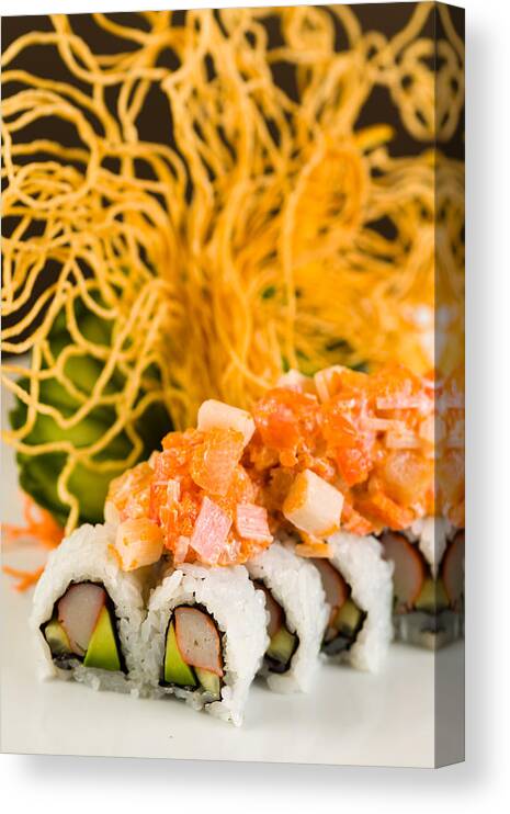 Asian Canvas Print featuring the photograph Crab and Salmon Roll by Raul Rodriguez