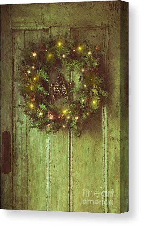 Celebration Canvas Print featuring the photograph Holiday wreath on wooden door/ digital painting by Sandra Cunningham