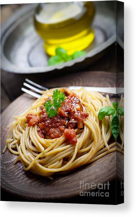 Background Canvas Print featuring the photograph Pasta with tomato sauce #1 by Mythja Photography