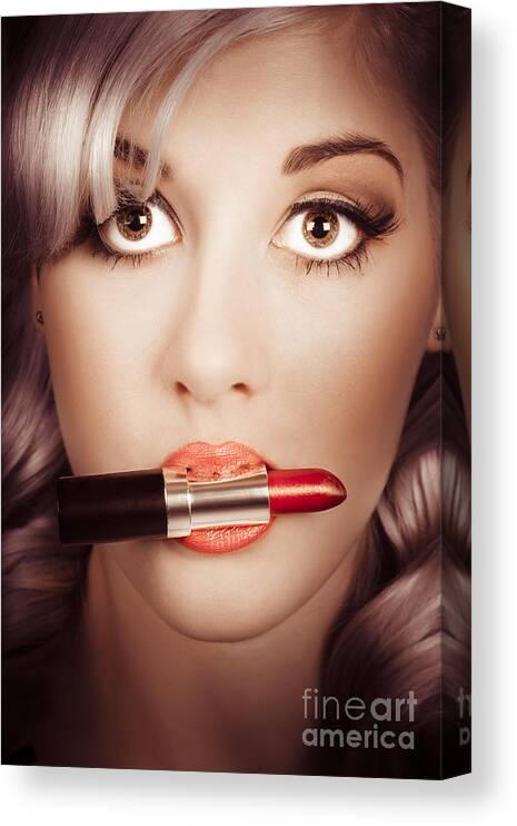 Makeup Canvas Print featuring the photograph Surprised pinup girl with lipstick makeup in mouth #1 by Jorgo Photography